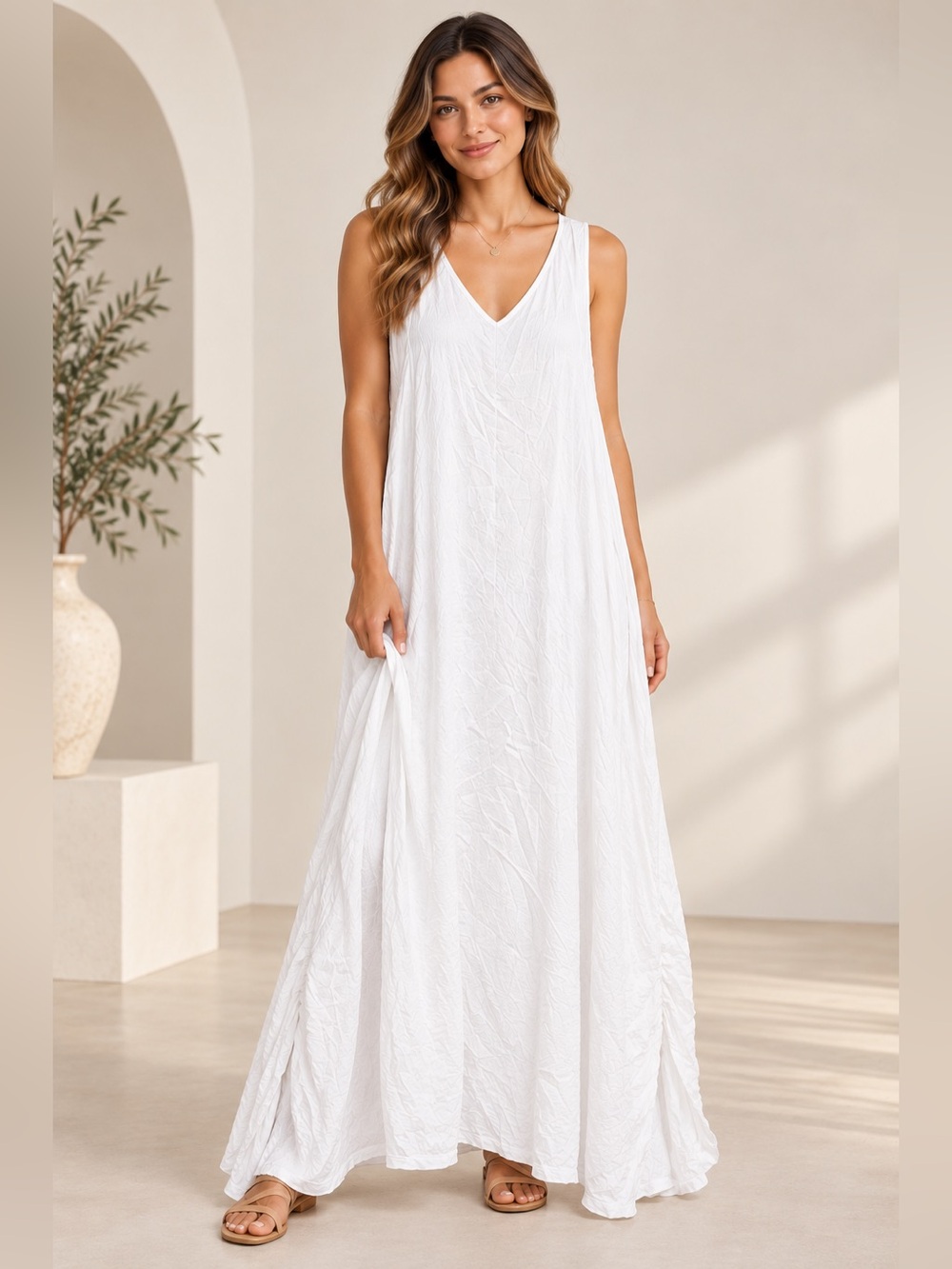 O.K. MIKE White V-Neck Flowy Maxi Dress Women’s M